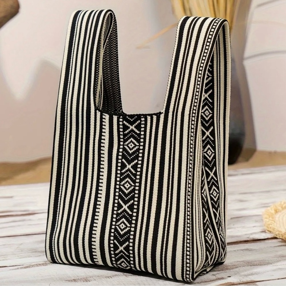 Heavy Woven Knit Striped Pattern Tote Purse Bag Japanese Knot  Closure Style